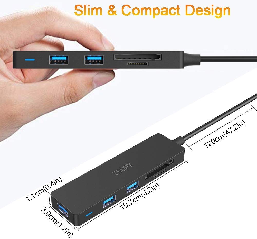 USB Hub 3.0 Splitter, TSUPY USB 3.0 Hub Multi USB Adapter Port Expander with 4ft Cable, SD/TF Card Reader & 3 USB 3.0 Ports Compatible for PC, Laptops, Surface Pro, MacBook, iMac Pro