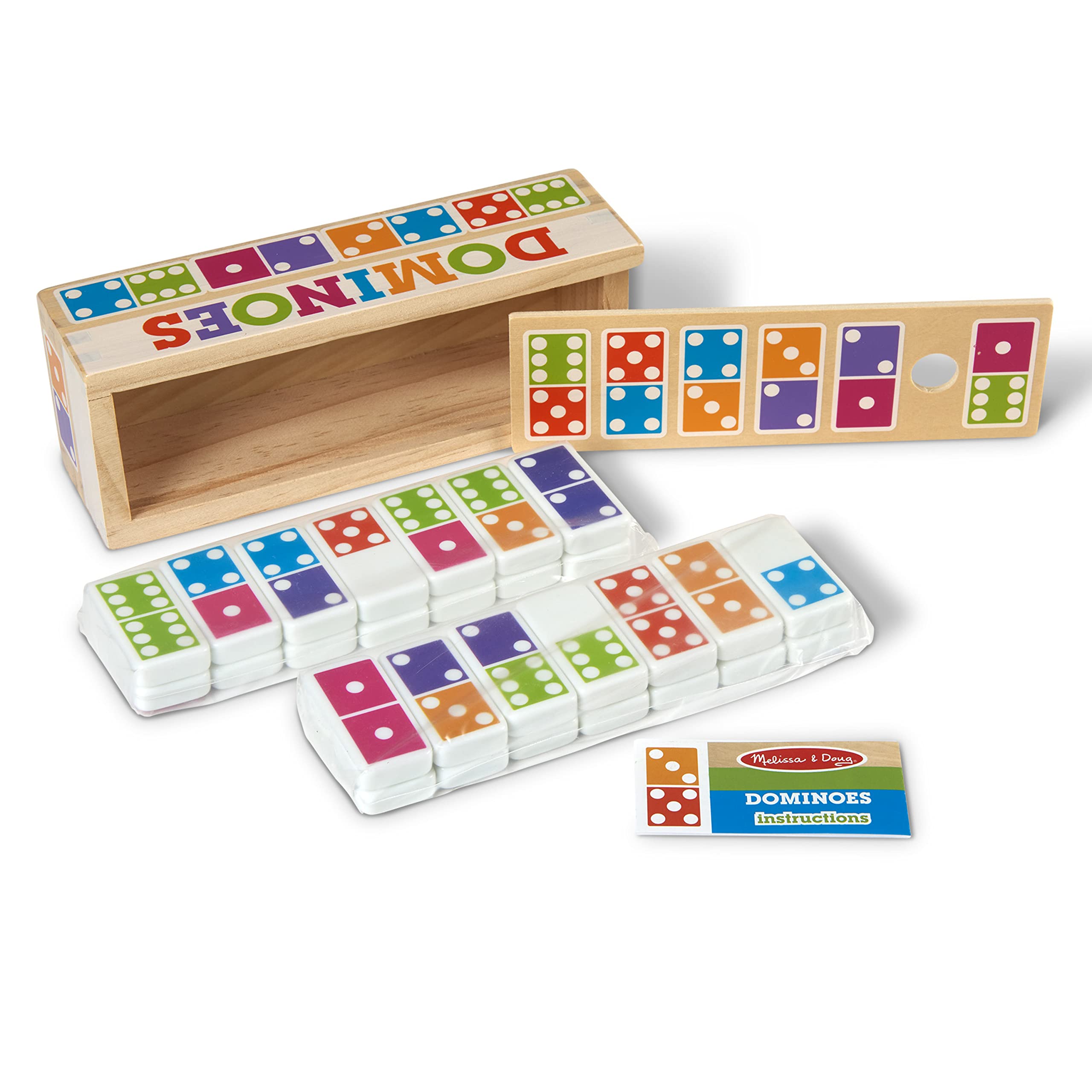 Melissa & Doug Dominoes Tabletop Game with 28 Colorful Tiles in Wooden Storage Box