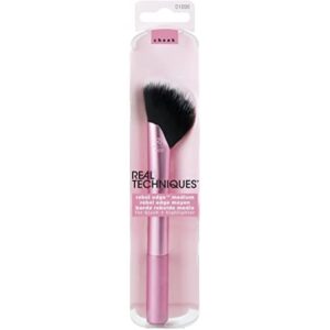 real techniques cheek rebel edge medium blush & highlighter brush, for loose blush or face highlighter, fan makeup brush, aluminium, pink, 1 count