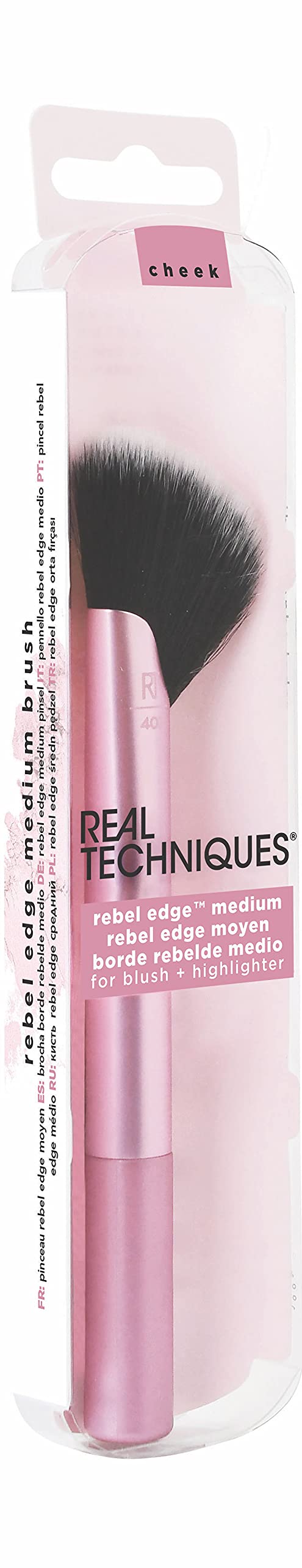 Real Techniques Cheek Rebel Edge Medium Blush & Highlighter Brush, For Loose Blush or Face Highlighter, Fan Makeup Brush, Aluminium, Pink, 1 Count