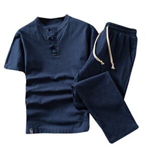 mens fashion summer cotton and linen short sleeve shorts set suit tracksuit blue