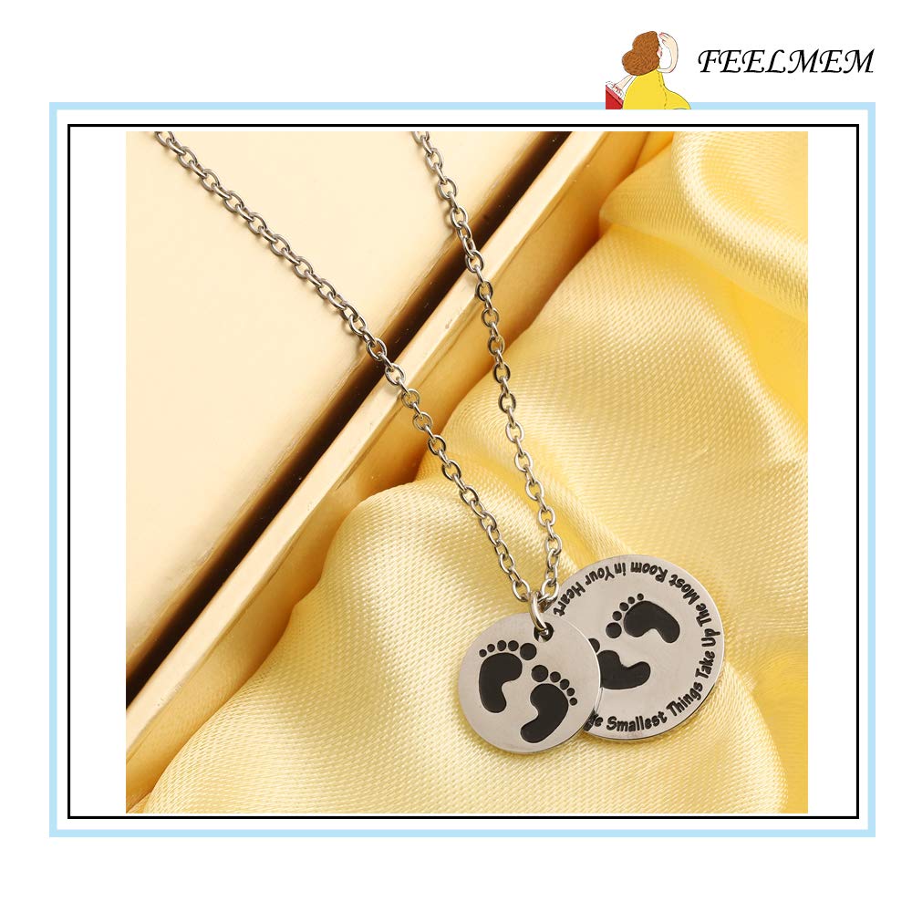 FEELMEM Mom to Be Gift Pregnancy Gift Footprints Keychain Sometimes The Smallest Things Take Up The Most Room in Your Heart Gift for New Mom (necklace)