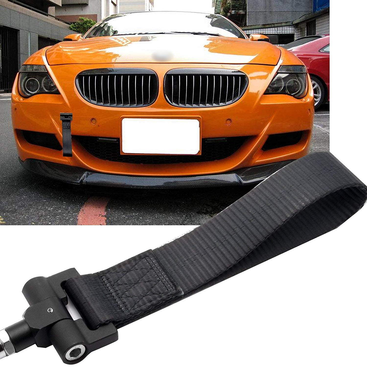 Xotic Tech Black Track Racing Towing Strap w/Tow Hole Adapter Compatible with BMW 1 3 5 6 Series X5 X6 or Mini Cooper