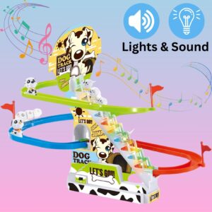 Dalmatian Racer Climbing Stairs Slide Toy - Spotty Dog Race Track Puppy Chasing Roller Coaster Game Set with LED Lights and Music for Toddlers, Kids