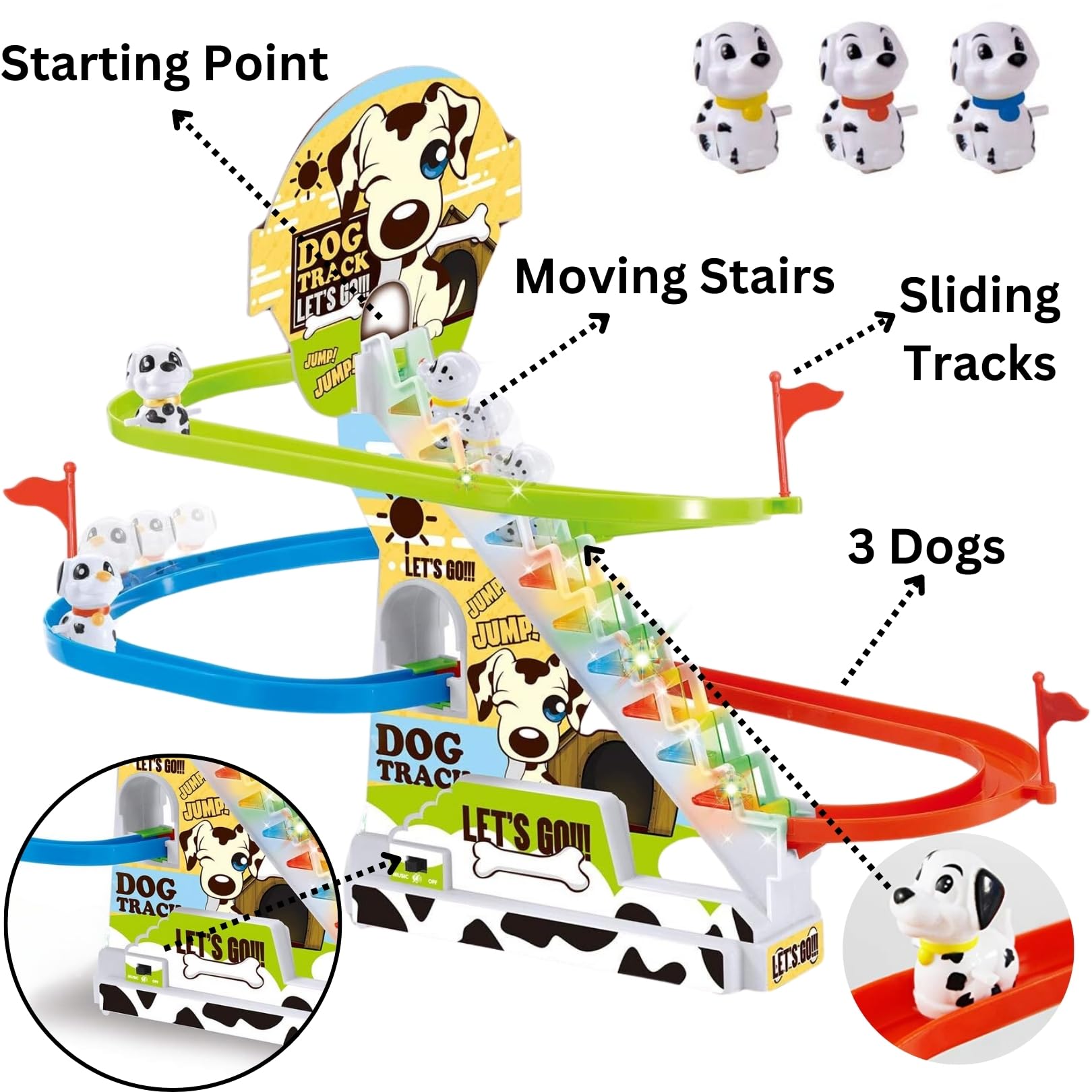 Dalmatian Racer Climbing Stairs Slide Toy - Spotty Dog Race Track Puppy Chasing Roller Coaster Game Set with LED Lights and Music for Toddlers, Kids