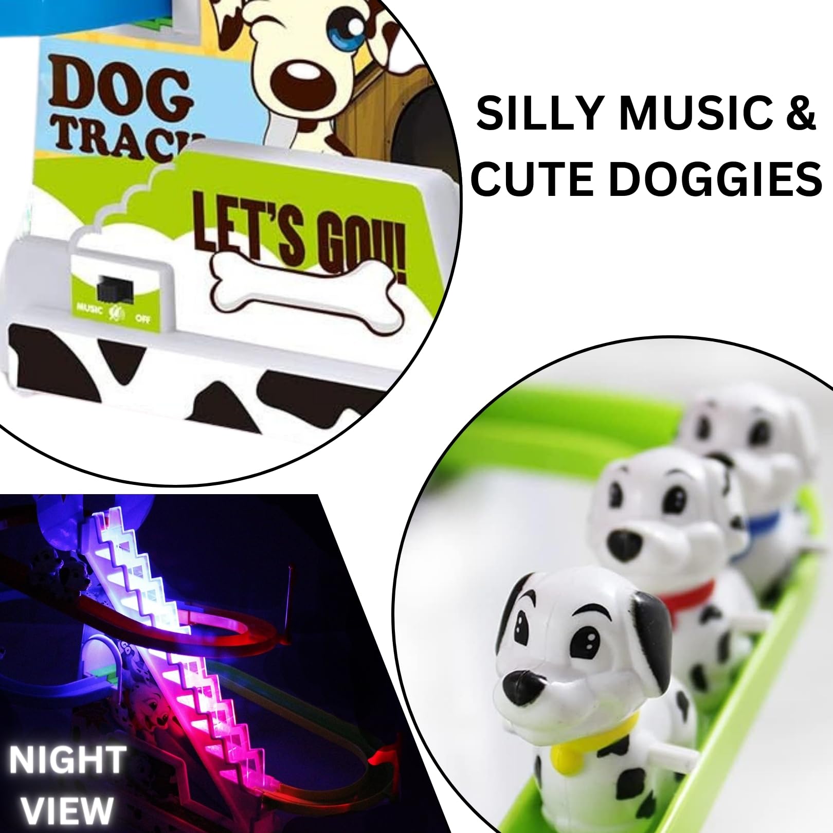 Dalmatian Racer Climbing Stairs Slide Toy - Spotty Dog Race Track Puppy Chasing Roller Coaster Game Set with LED Lights and Music for Toddlers, Kids