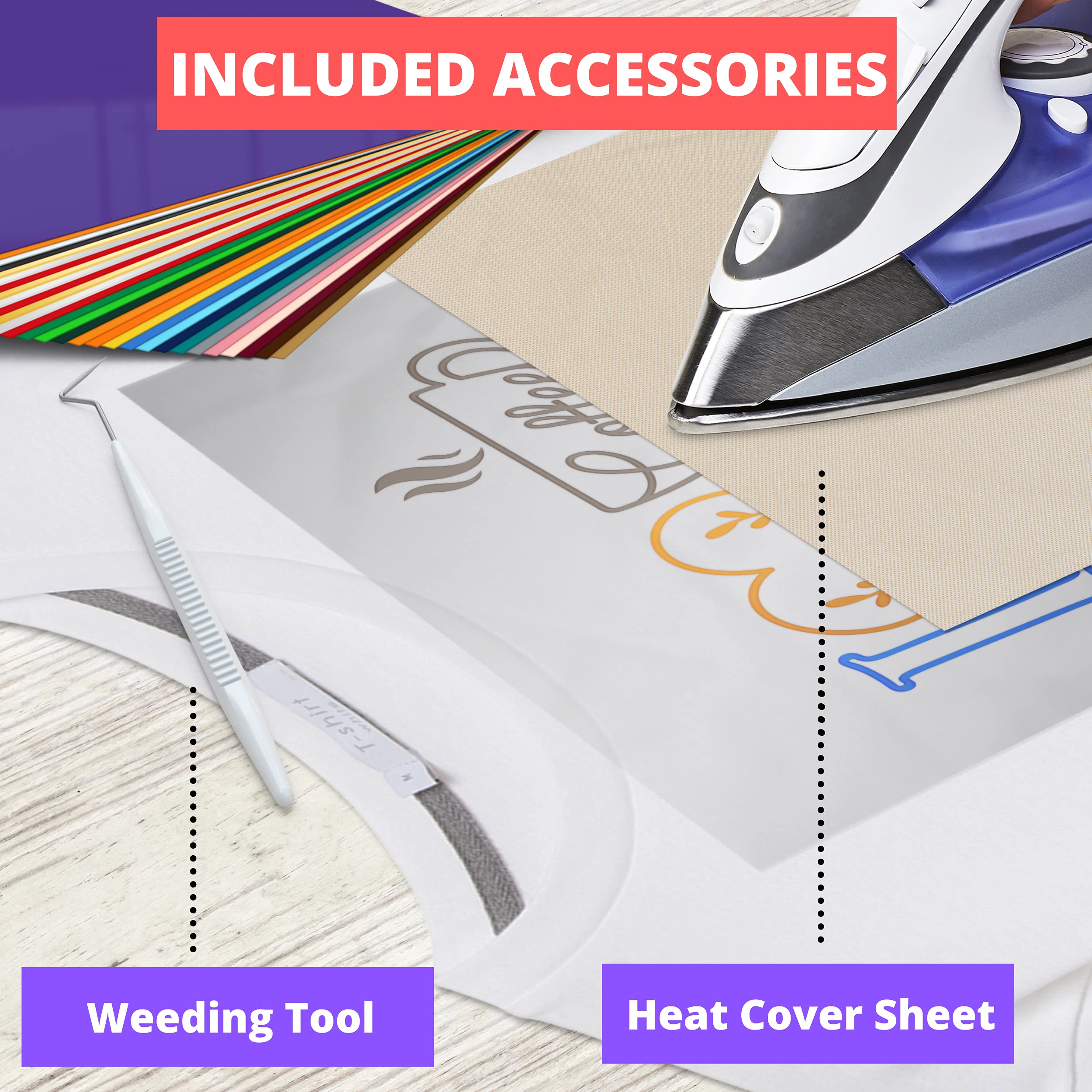 Kassa 30-Piece Heat Transfer Vinyl Sheets | 23 Colors in 12" x 10", Teflon Sheet & Weeding Tool Included | Compatible with All Cutting Machines | Ideal for Pressing on T-Shirts, Clothing & Textiles