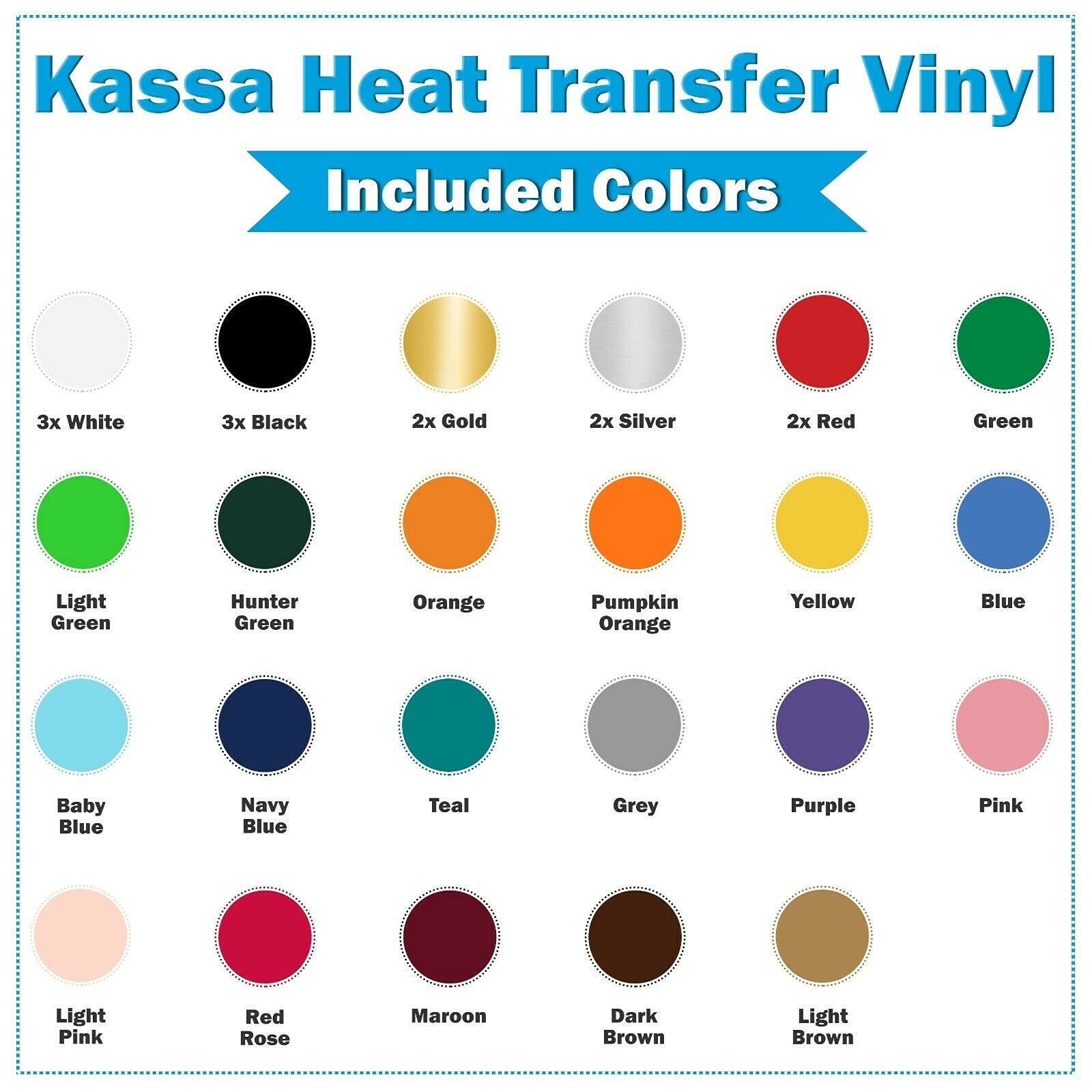 Kassa 30-Piece Heat Transfer Vinyl Sheets | 23 Colors in 12" x 10", Teflon Sheet & Weeding Tool Included | Compatible with All Cutting Machines | Ideal for Pressing on T-Shirts, Clothing & Textiles