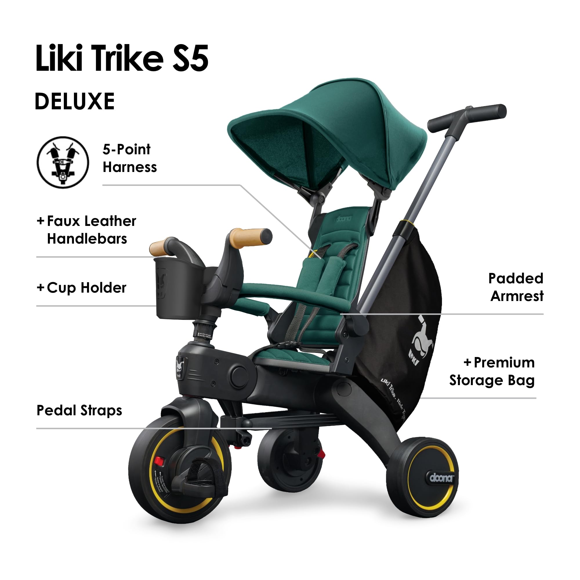Doona Liki Trike S5, Racing Green - 5-in-1 Compact, Foldable Tricycle - Suitable for Toddlers 10 to 36 Months