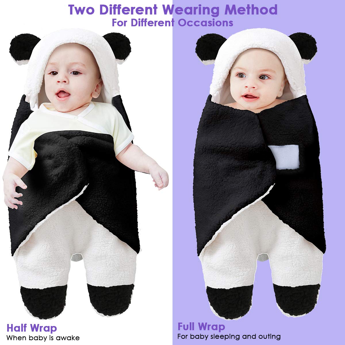 Tianhaik Newborn Baby Receiving Blanket Wearable Cute Panda Swaddle Blanket Fleece Sleeping Bag(Panda,0-12 Months)