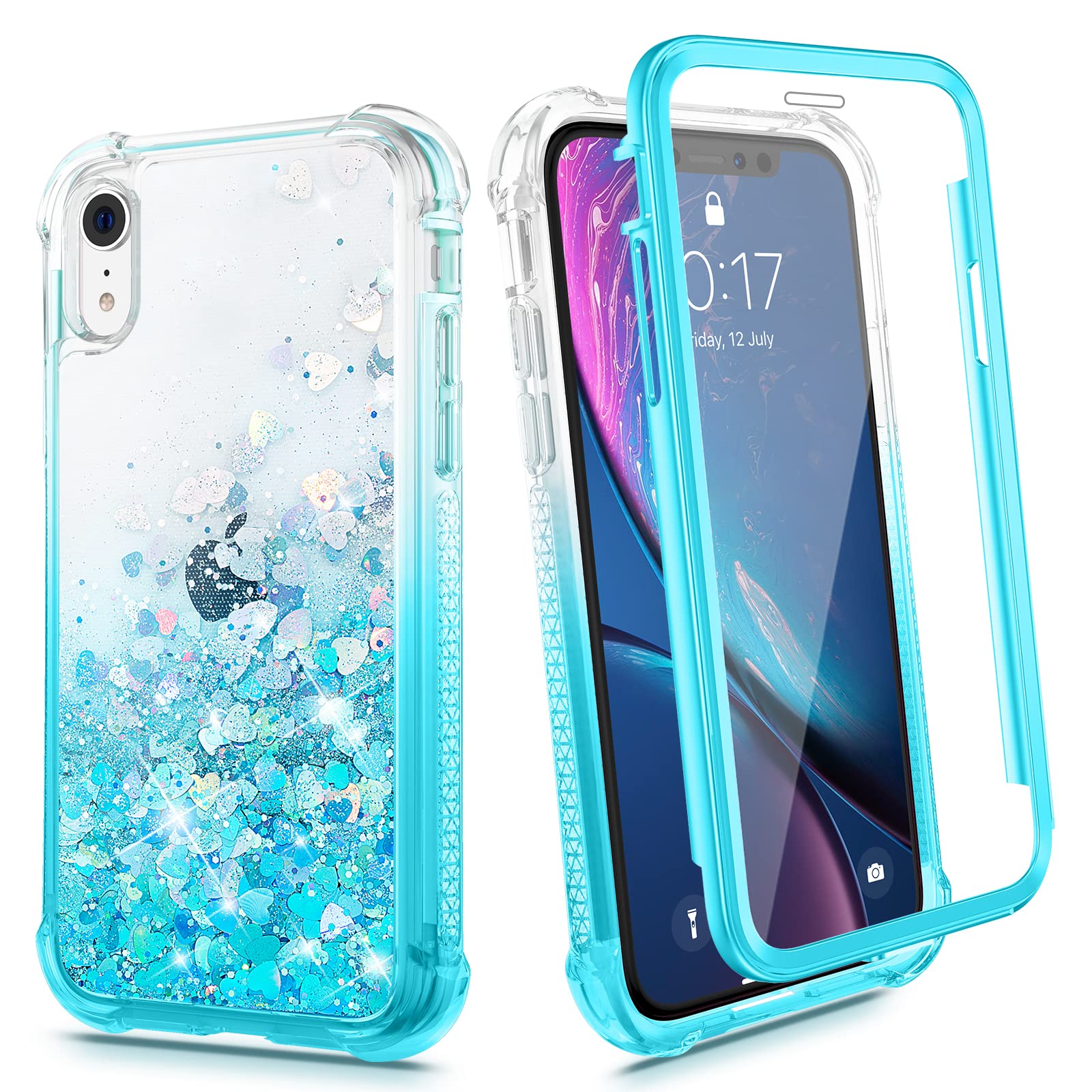 Ruky for iPhone XR Case, Glitter Clear Full Body Rugged Liquid Cover with Built-in Screen Protector Shockproof Protective Women Case for iPhone XR Cases 6.1 inches 2018 (Gradient Teal)