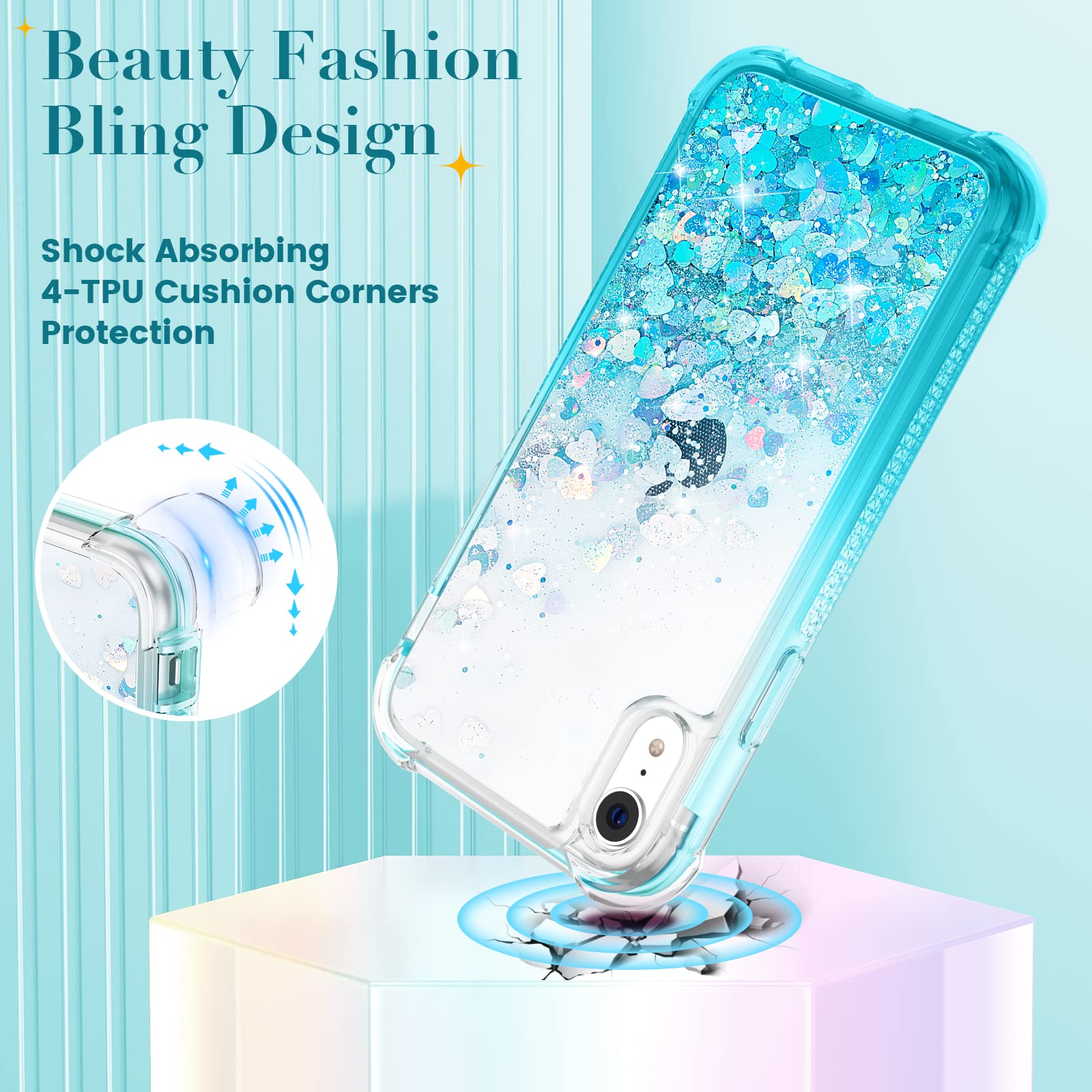 Ruky for iPhone XR Case, Glitter Clear Full Body Rugged Liquid Cover with Built-in Screen Protector Shockproof Protective Women Case for iPhone XR Cases 6.1 inches 2018 (Gradient Teal)