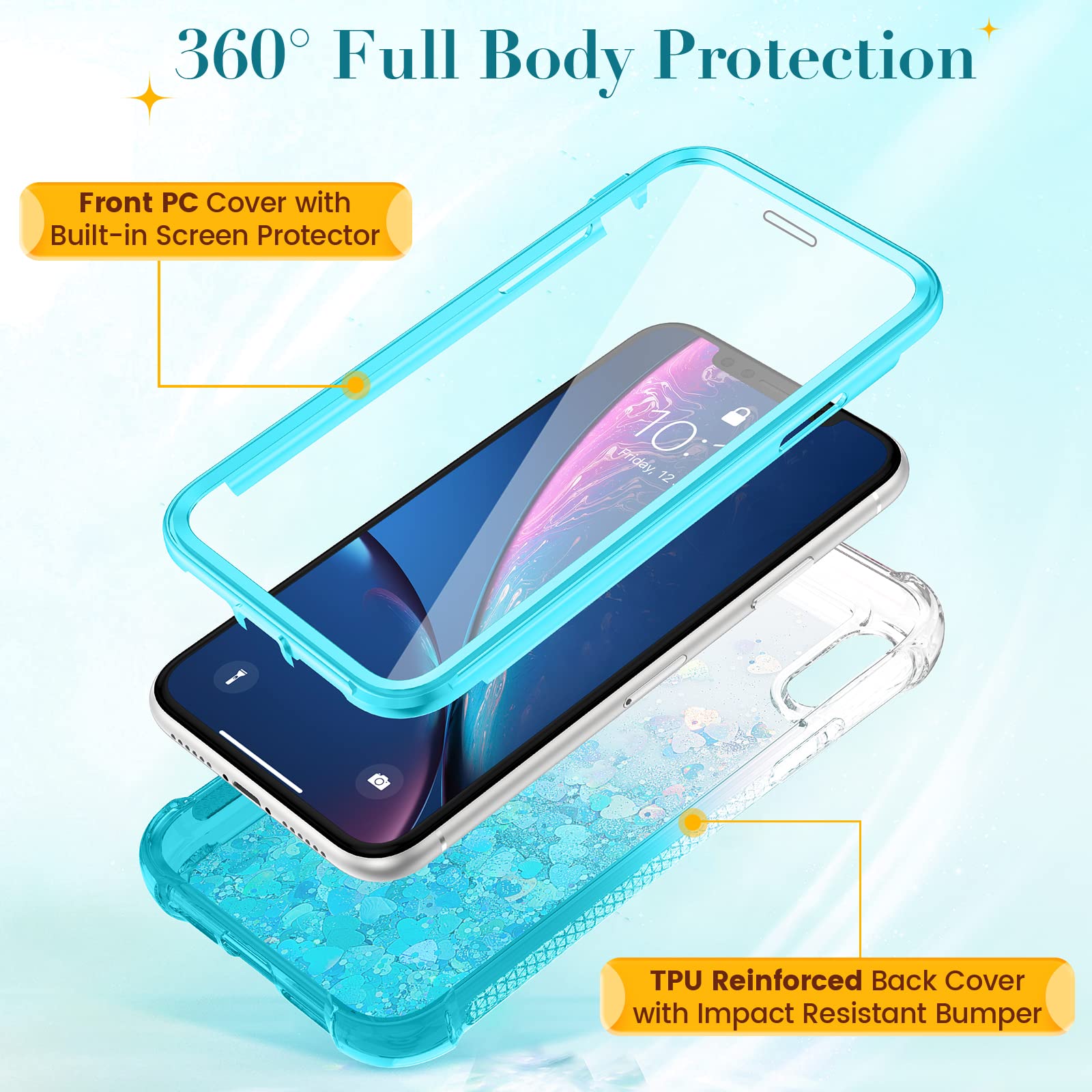 Ruky for iPhone XR Case, Glitter Clear Full Body Rugged Liquid Cover with Built-in Screen Protector Shockproof Protective Women Case for iPhone XR Cases 6.1 inches 2018 (Gradient Teal)