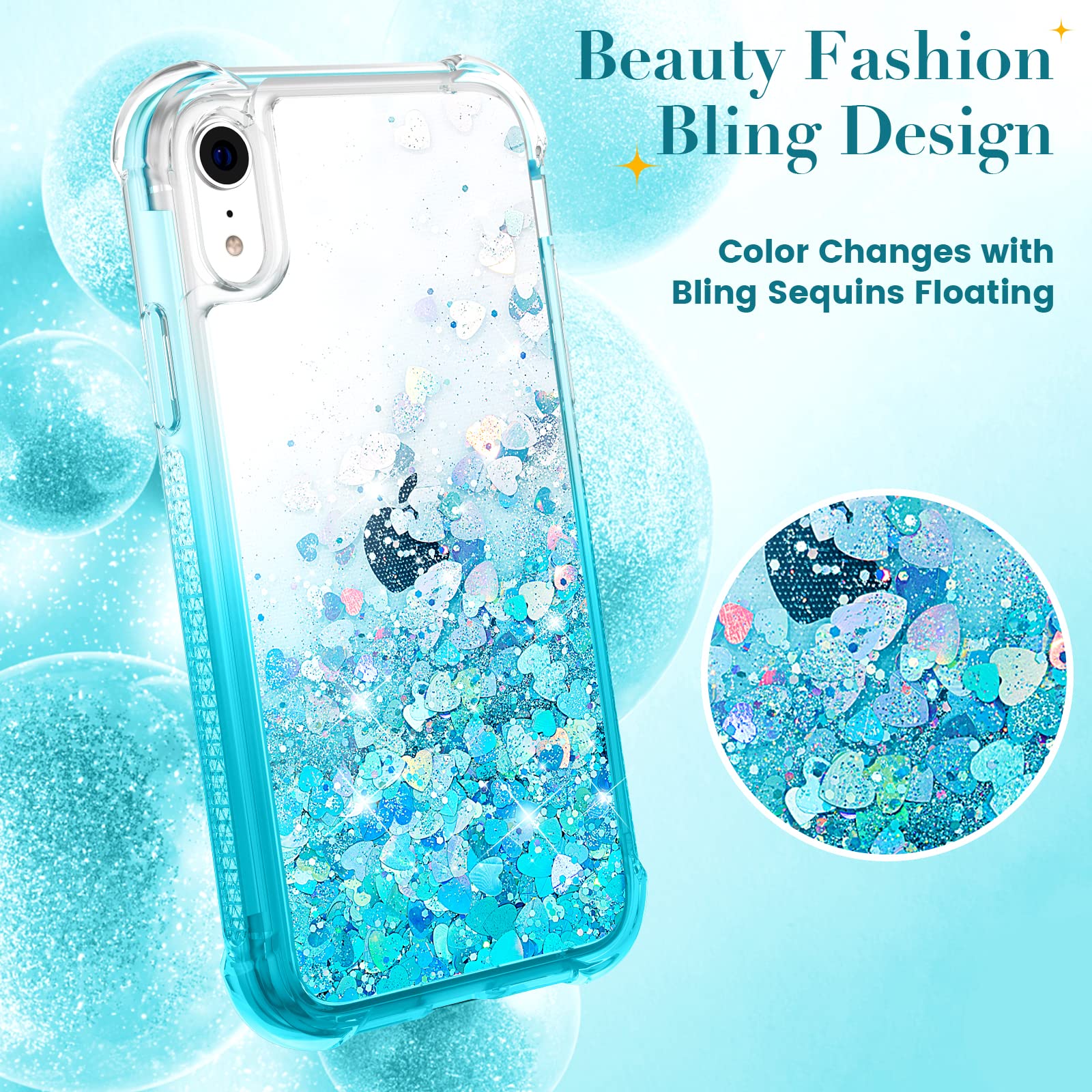 Ruky for iPhone XR Case, Glitter Clear Full Body Rugged Liquid Cover with Built-in Screen Protector Shockproof Protective Women Case for iPhone XR Cases 6.1 inches 2018 (Gradient Teal)