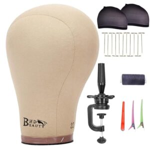 bhd beauty cork canvas block mannequin head wig display styling with mount hole 22"(canvas head+head stand+t pins+c needles+wig caps+thread +clips)