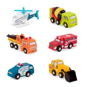 battat – miniature toy cars – 6 wooden minis – classic wooden toys – mini ambulance, cement truck – 3 years + – wooden vehicles - set 1