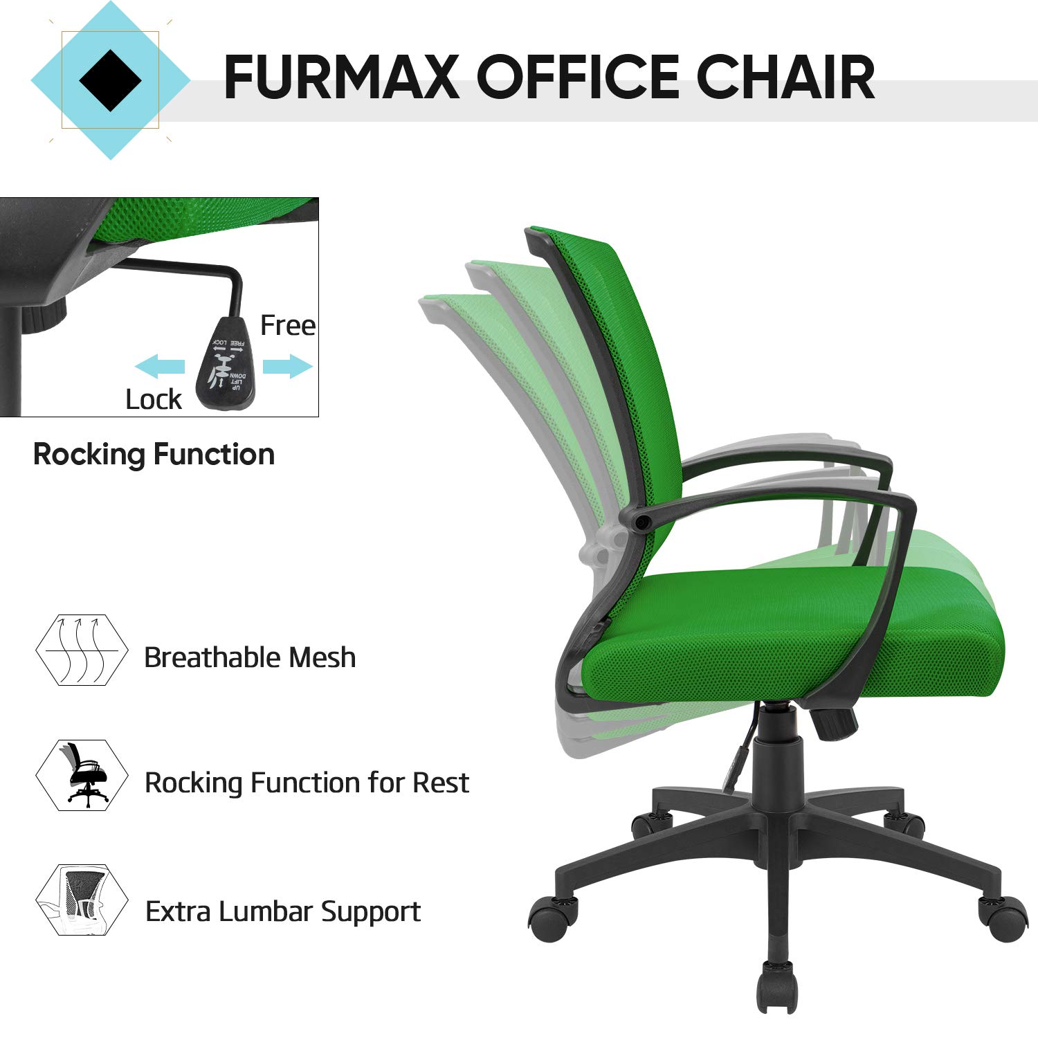 Furmax Office Chair Mid Back Swivel Lumbar Support Desk Chair, Computer Ergonomic Mesh Chair with Armrest (Green)