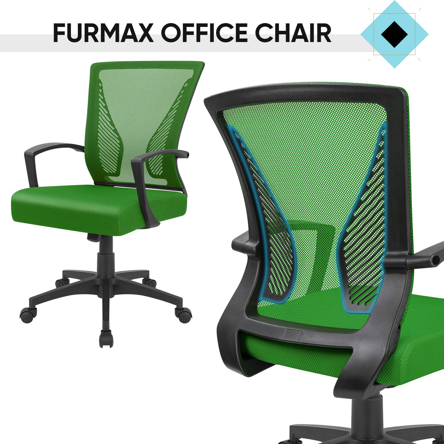 Furmax Office Chair Mid Back Swivel Lumbar Support Desk Chair, Computer Ergonomic Mesh Chair with Armrest (Green)