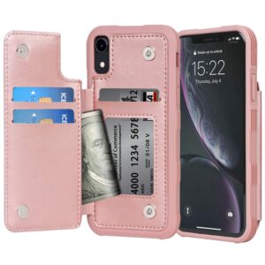 arae case for iphone xr - wallet case with pu leather card pockets [shockproof] back flip cover for iphone xr 6.1 inch (rosegold)