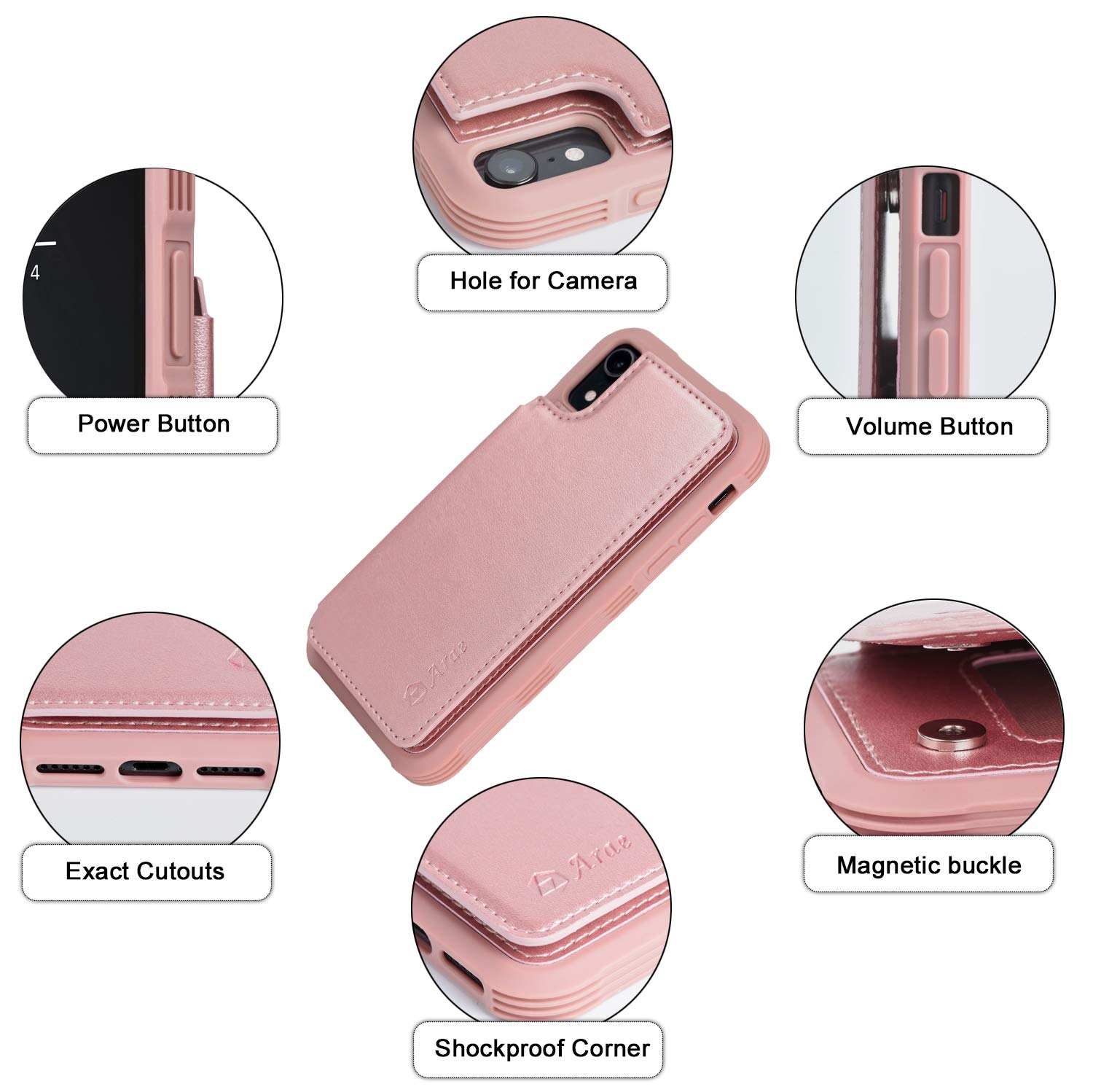 Arae Case for iPhone Xr - Wallet Case with PU Leather Card Pockets [Shockproof] Back Flip Cover for iPhone Xr 6.1 inch (Rosegold)