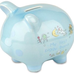 BRUBAKER My First Piggy Bank Gift Set for Baby Boy - 4 Pcs Keepsake Gift Set Includes Piggy Bank, First Curl, First Tooth and Photo Frame - Blue