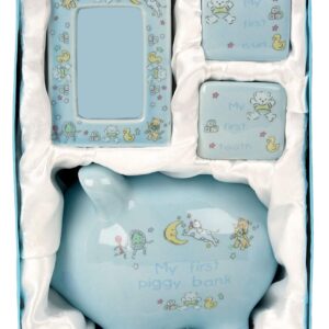 BRUBAKER My First Piggy Bank Gift Set for Baby Boy - 4 Pcs Keepsake Gift Set Includes Piggy Bank, First Curl, First Tooth and Photo Frame - Blue