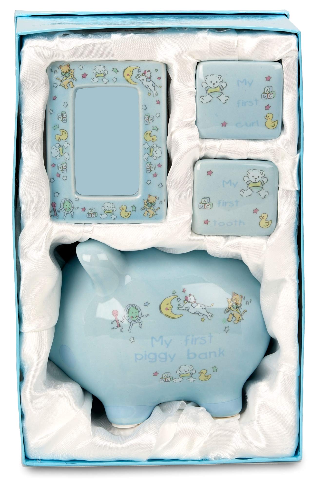 BRUBAKER My First Piggy Bank Gift Set for Baby Boy - 4 Pcs Keepsake Gift Set Includes Piggy Bank, First Curl, First Tooth and Photo Frame - Blue