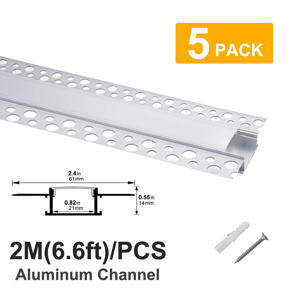 hunhun 5-Pack 6.6ft/2Meter Plaster-in, trimless recessed LED Aluminum Channel with Flange for LED Strip, led Channel with Clip-in Diffuser and,for Wider Strip Such as Philips Hue (5pack *6.6ft)