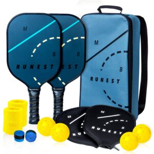 mb runest pickleball paddles set of 2 - composite honeycomb core & premium graphite face - lightweight racket set – covers, extra grips & 4 usapa approved balls included (set of 2 paddles)