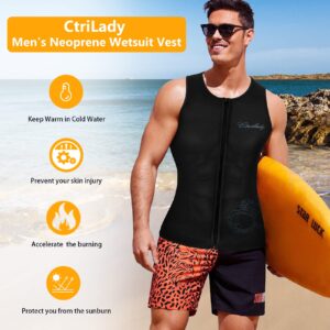 Ctrilady Men’s Wetsuit Top Neoprene Vest with Front Zipper, UV Protection, Sleeveless Workout Top for Swimming, Diving, Surfing and Canoeing (Black, XL)