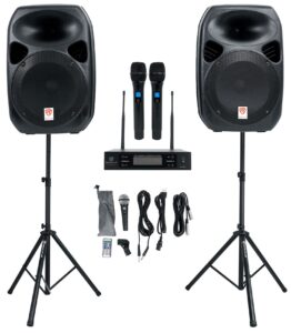 rockville power gig rpg-122k all in one dj/pa package (2) 12" dj/pa speakers 1000 watts peak power/250 watts rms with built in bluetooth, usb/sd player, fm tuner, speaker stands and a wired microphone