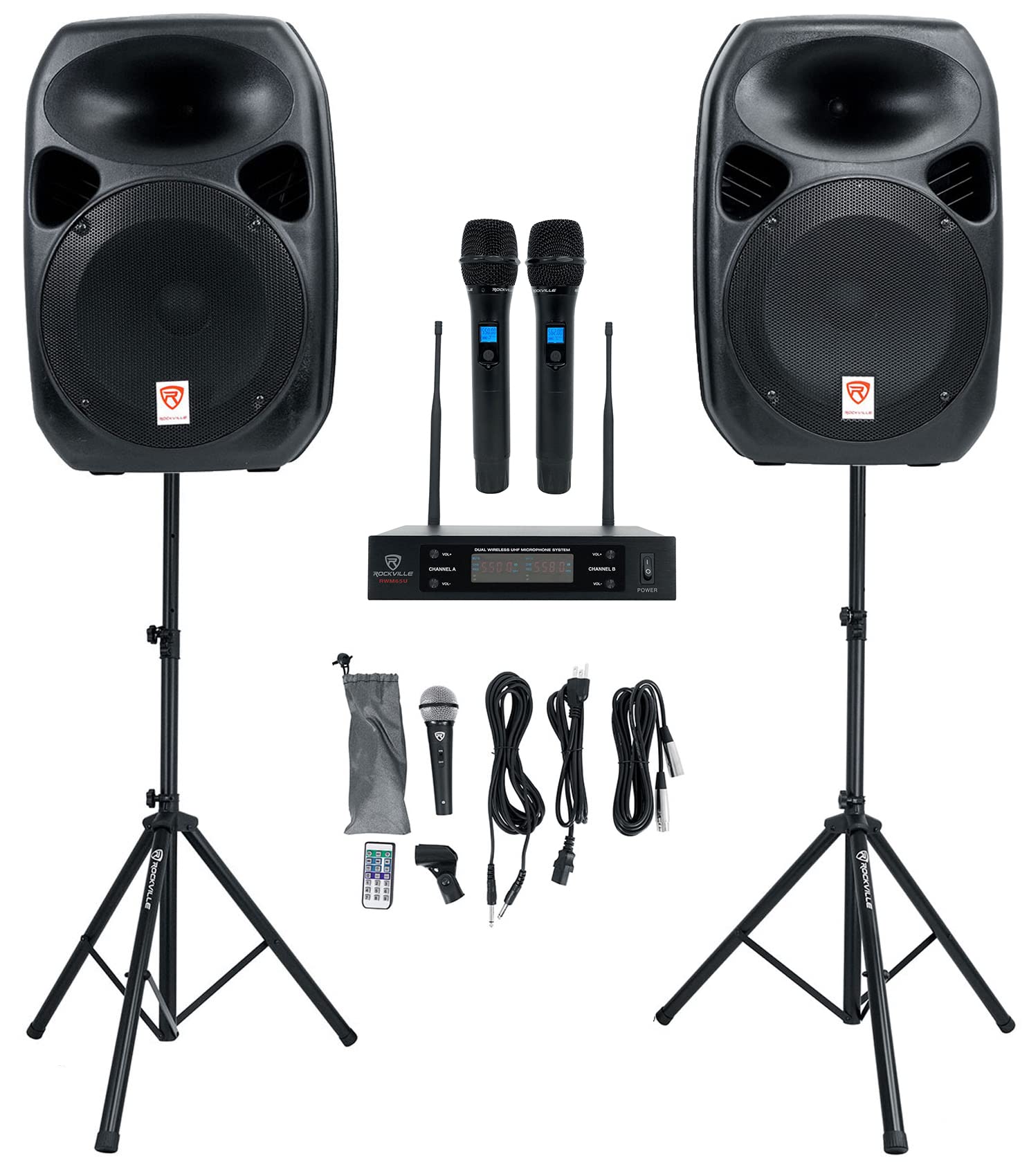 Rockville Power GIG RPG-122K All In One DJ/PA Package (2) 12" DJ/PA Speakers 1000 Watts Peak Power/250 Watts RMS with Built in Bluetooth, USB/SD Player, FM Tuner, Speaker Stands and a Wired Microphone