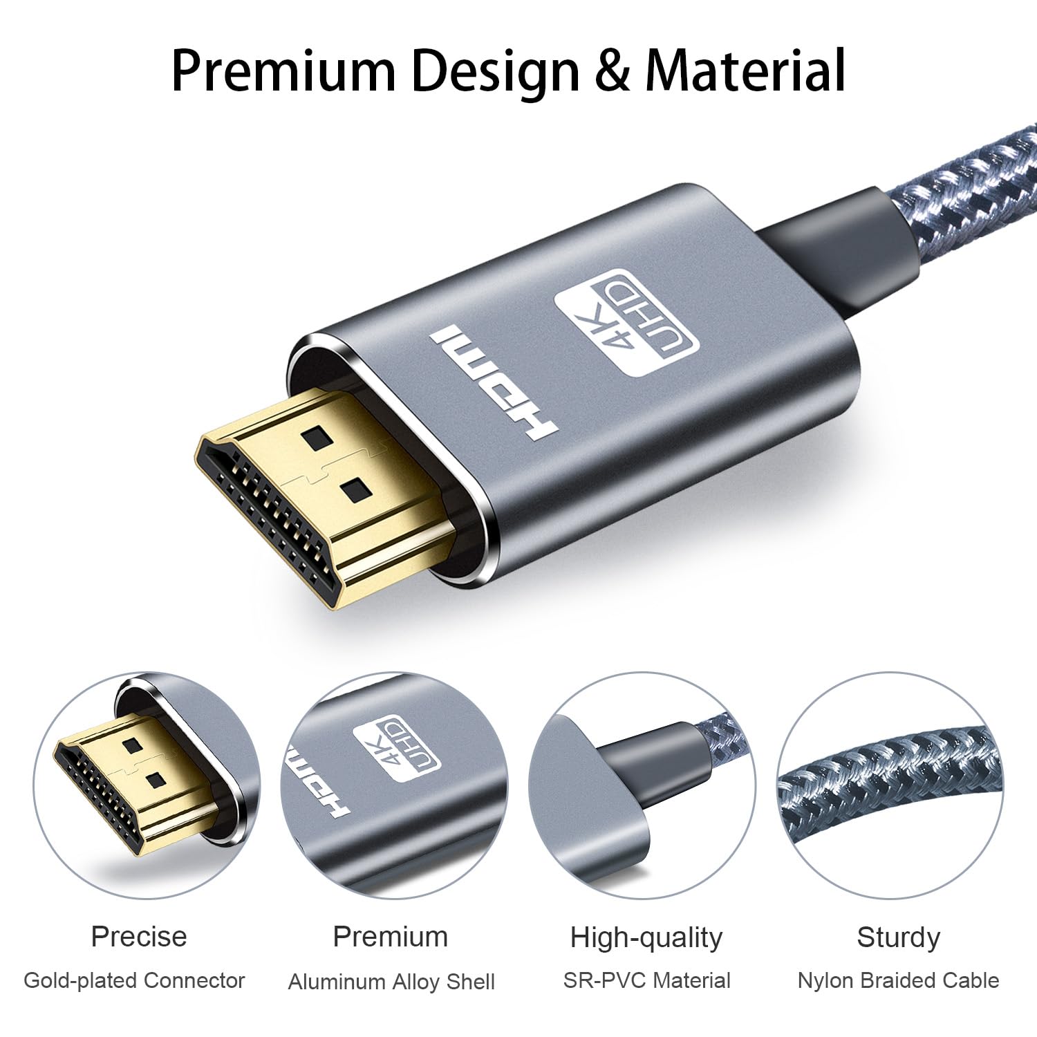 LEADSTAR HDMI Cable 4K 6 ft, High Speed HDMI 2.0 Cord Braided | 4K @ 60Hz, Ultra HD, 4K 2160p 1080p, ARC, 3D, HDCP 2.2 & CL3 Rated | for Laptop, Monitor, PS4, PS5, Xbox One, Fire TV - Grey