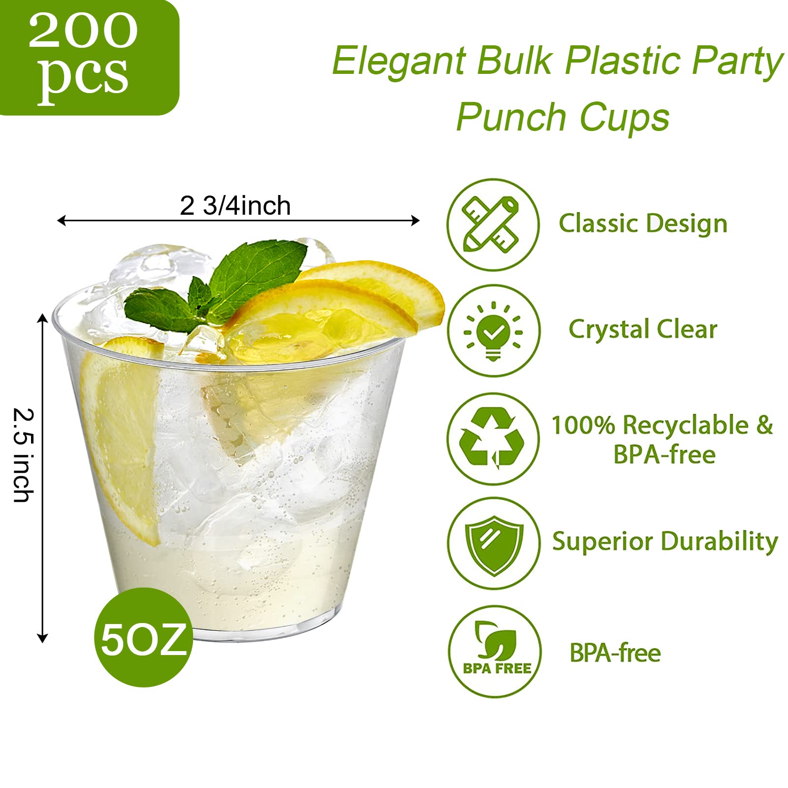 Tebery 200 Pack Small Clear Plastic Tumblers Cups, 5oz Hard Disposable Cups Bulk Plastic Party Punch Cups