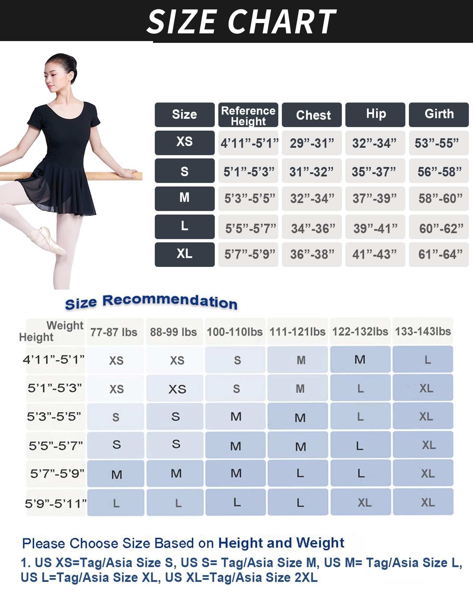 Daydance 3/4 Sleeve Black Teen Girls Ballet Leotards Skirted Dance Costumes for Ballerina