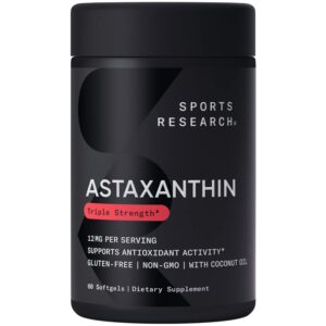 sports research triple strength astaxanthin 12mg with organic coconut oil - antioxidant supplement, non-gmo verified & gluten free - 60 softgels