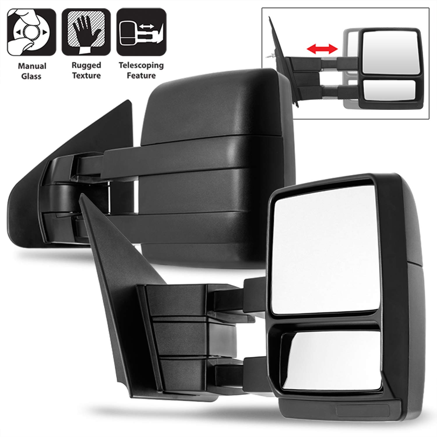 ACANII - For 2004-2014 Ford F150 Pickup Truck [w/o Power Heated] Manual Towing Telescoping View Side Mirrors Left+Right