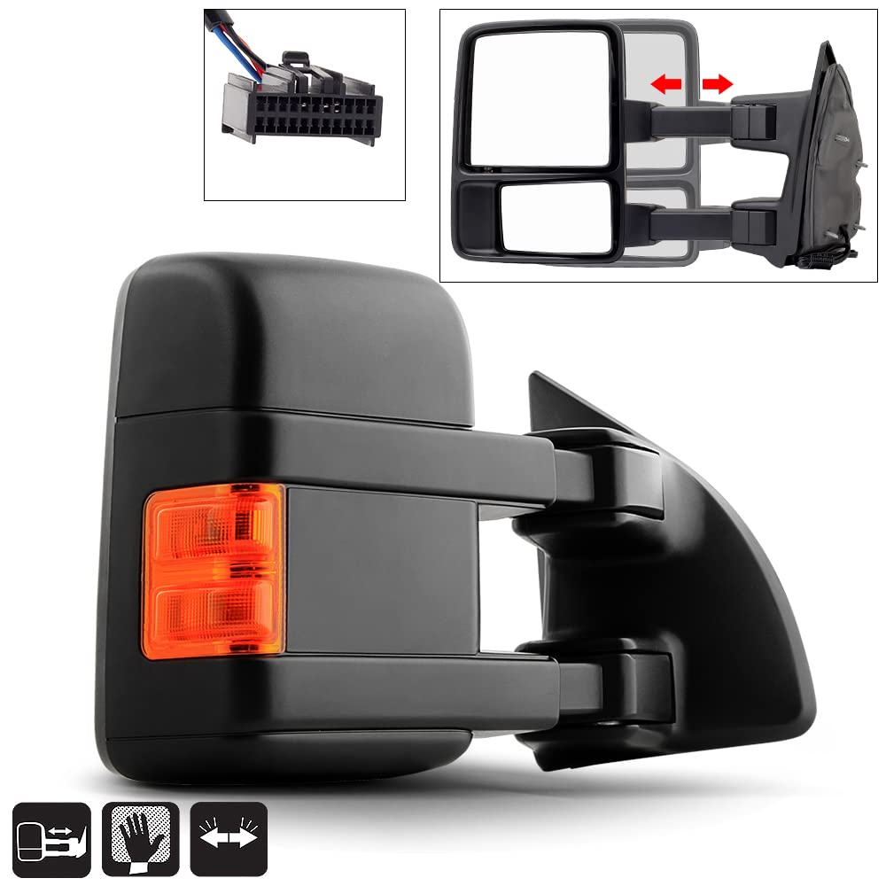 ACANII - Telescoping Manual Non Heat LED Signal Towing Mirror Passenger Side For 2008-2016 Ford F250 / F350 Super Duty