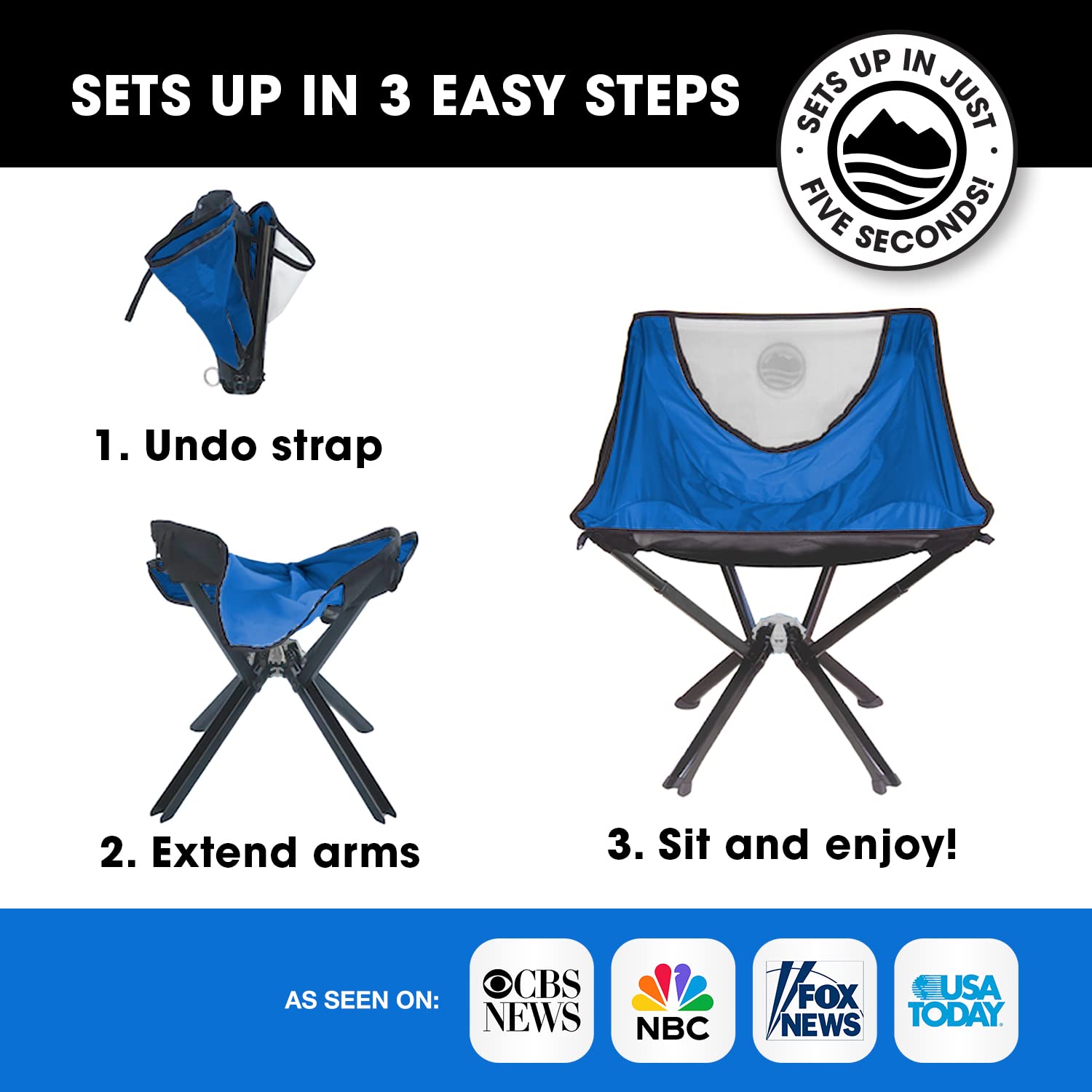 CLIQ Portable Chair Camping Chairs - A Small Collapsible Portable Chair That Goes Every Where Outdoors. Compact Folding Chair for Adults That Sets Up in 5 Seconds | Camping Chair Supports 300 Lbs