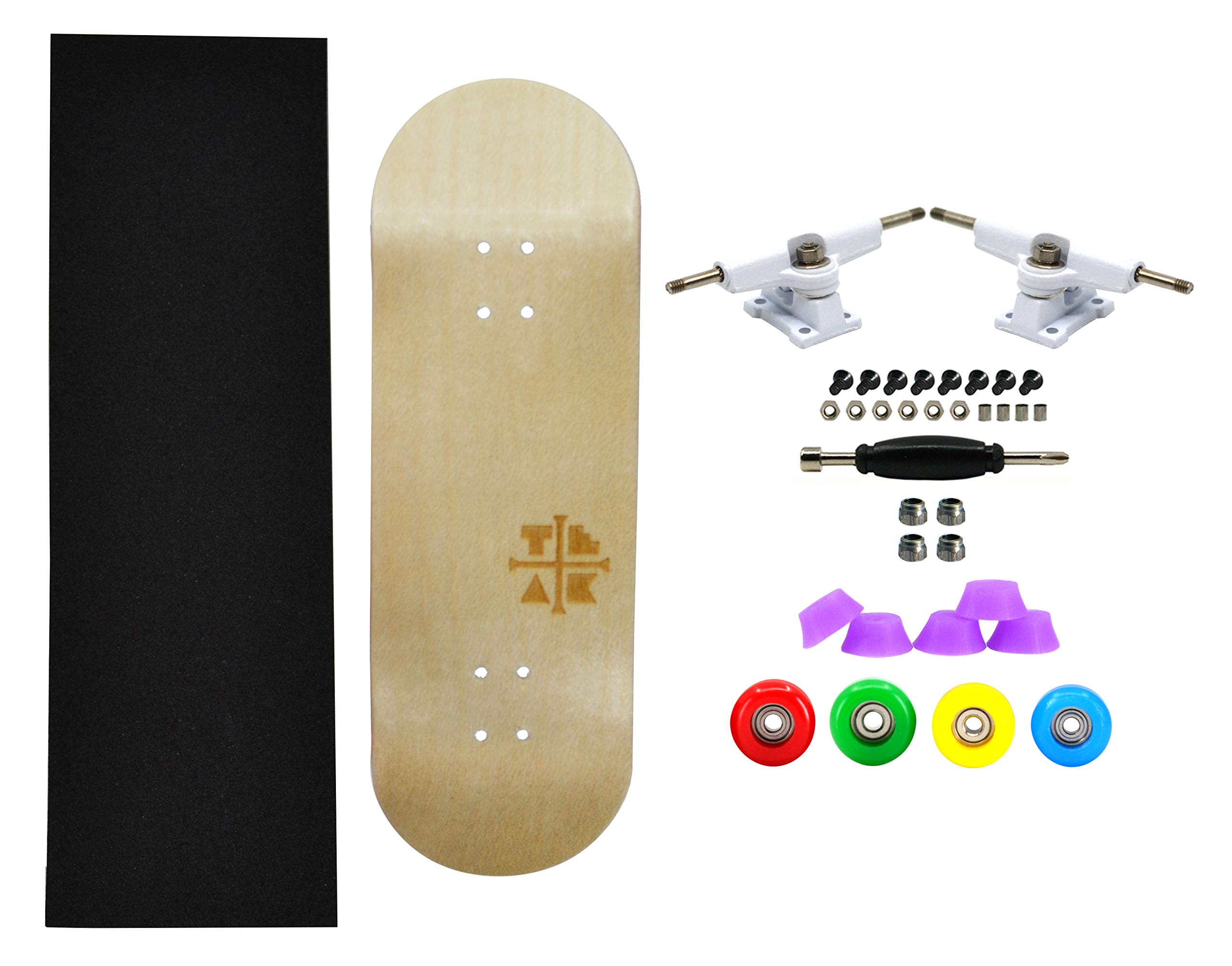 Teak Tuning Prolific Complete Fingerboard with Upgraded Components - Pro Board Shape and Size, Bearing Wheels, Trucks, and Locknuts - 32mm x 97mm Handmade Wooden Board - Everything is Awesome Edition