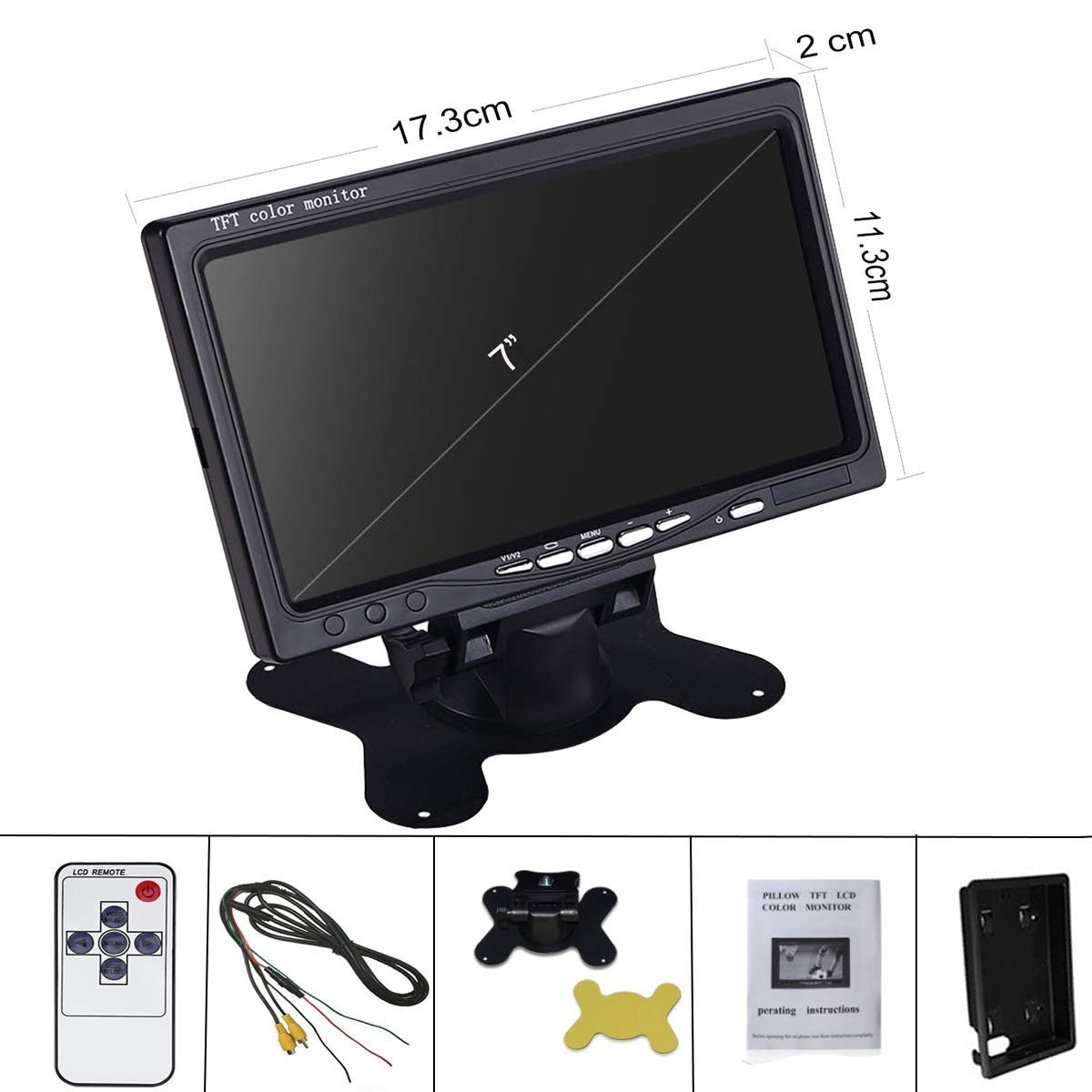 Vehicle On-Dash Backup Monitor, 7" Digital HD Car TFT LCD Color Screen Display with 2 Video Input for Rear View Camera(800x 480)