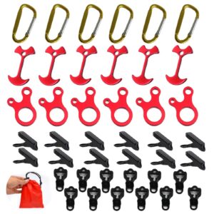 bsgb 43pcs aluminum alloy fish bone anchor deck plank board tent stakes d carabiner wind rope buckle 3 hole guyline adjuster tent cord rope tensioner alligator camping tent awning tarp (red, normal)