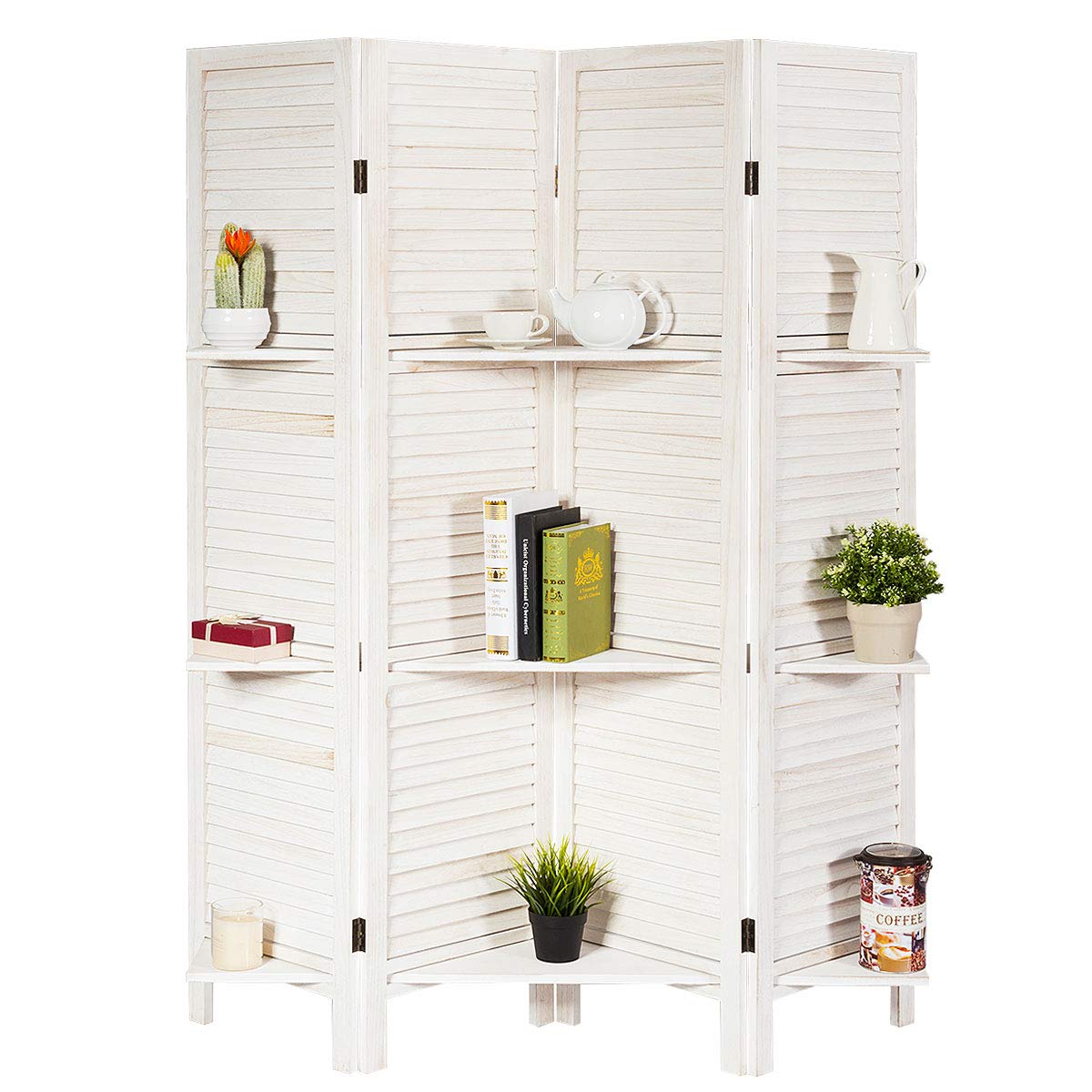 Giantex Room Divider with Shelves, 4 Panel Room Dividers and Folding Privacy Screens, Room Separators Divider Wall, Divider for Room Partition Separation, 5.6Ft Foldable Room Divider Screen, White