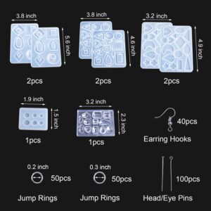 LET'S RESIN 198PCS Resin Jewelry Molds, with 8 Pairs Earring Resin Molds, Resin Earring Molds Silicone for Jewelry, Earring Hooks, Jump Rings, Head/Eye Pins for Resin Jewelry, Pendant