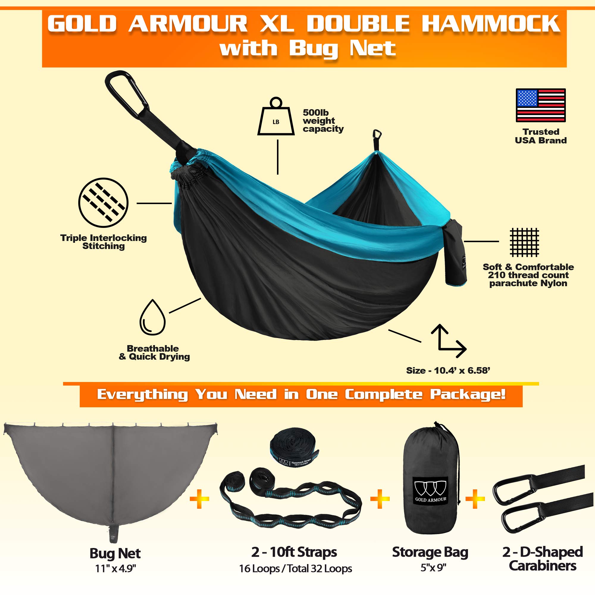 Gold Armour Camping Hammock - Extra Large Double Parachute Hammock (2 Tree Straps 32 Loops,20 ft Included) USA Brand Lightweight Nylon Adults Kids, Camping Accessories Gear (Gray with Bug Net)
