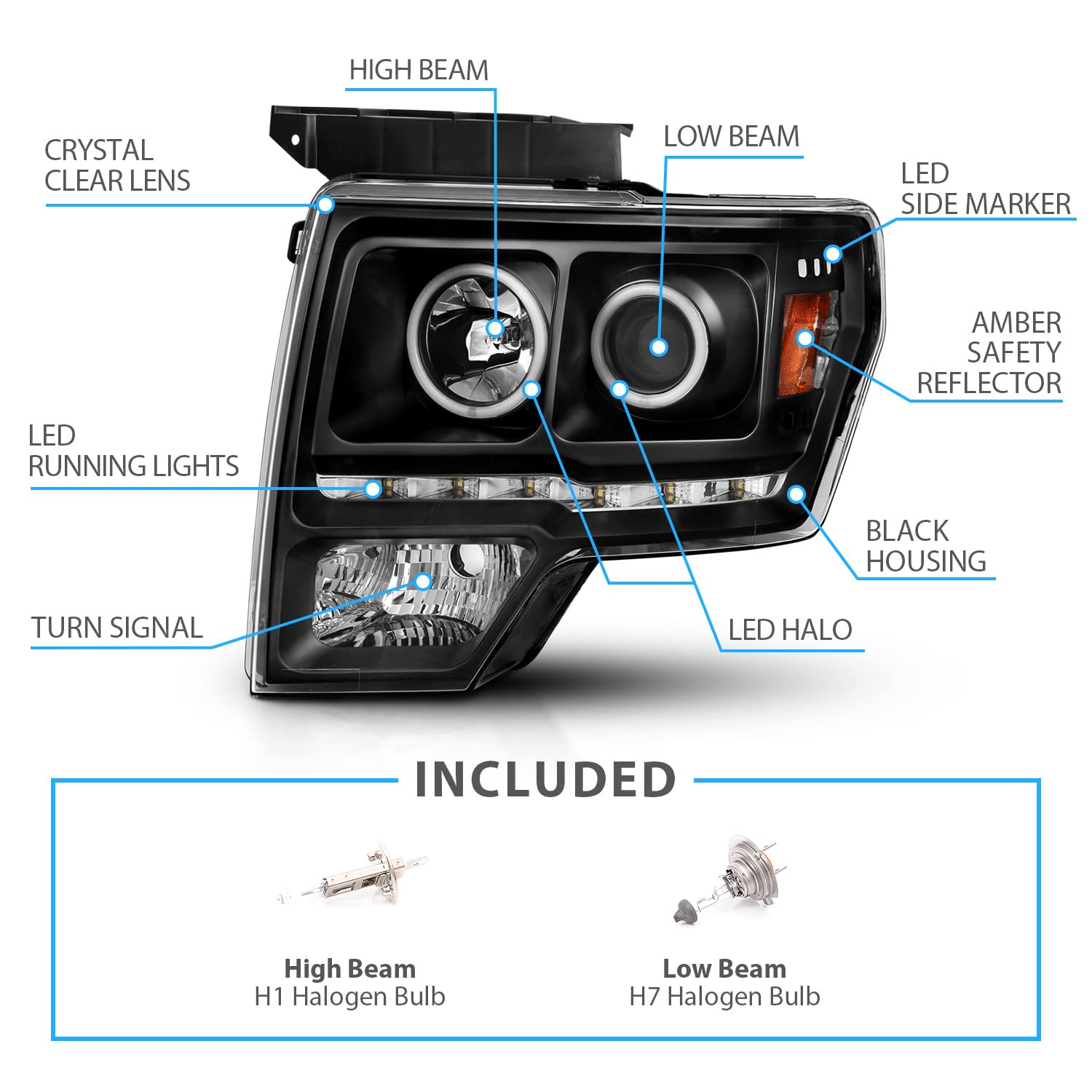 AmeriLite for 2009-2014 Ford F150 Pickup Xtreme LED Halos Black Projector Replacement Headlights Set - Passenger and Driver Side