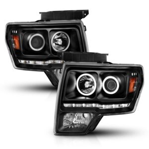 AmeriLite for 2009-2014 Ford F150 Pickup Xtreme LED Halos Black Projector Replacement Headlights Set - Passenger and Driver Side