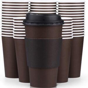 promora 16 oz brown disposable coffee cups with lids & sleeves, hot coffee cup sleeves disposable, premium insulated to go coffee paper cups with lids & sleeves (16 oz, pack of 100) brown and black