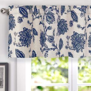driftaway freda jacobean floral linen blend blackout thermal insulated energy saving privacy window linen curtain valance rod pocket 2 layers single 52 inch by 18 inch plus 2 inch header navy beige