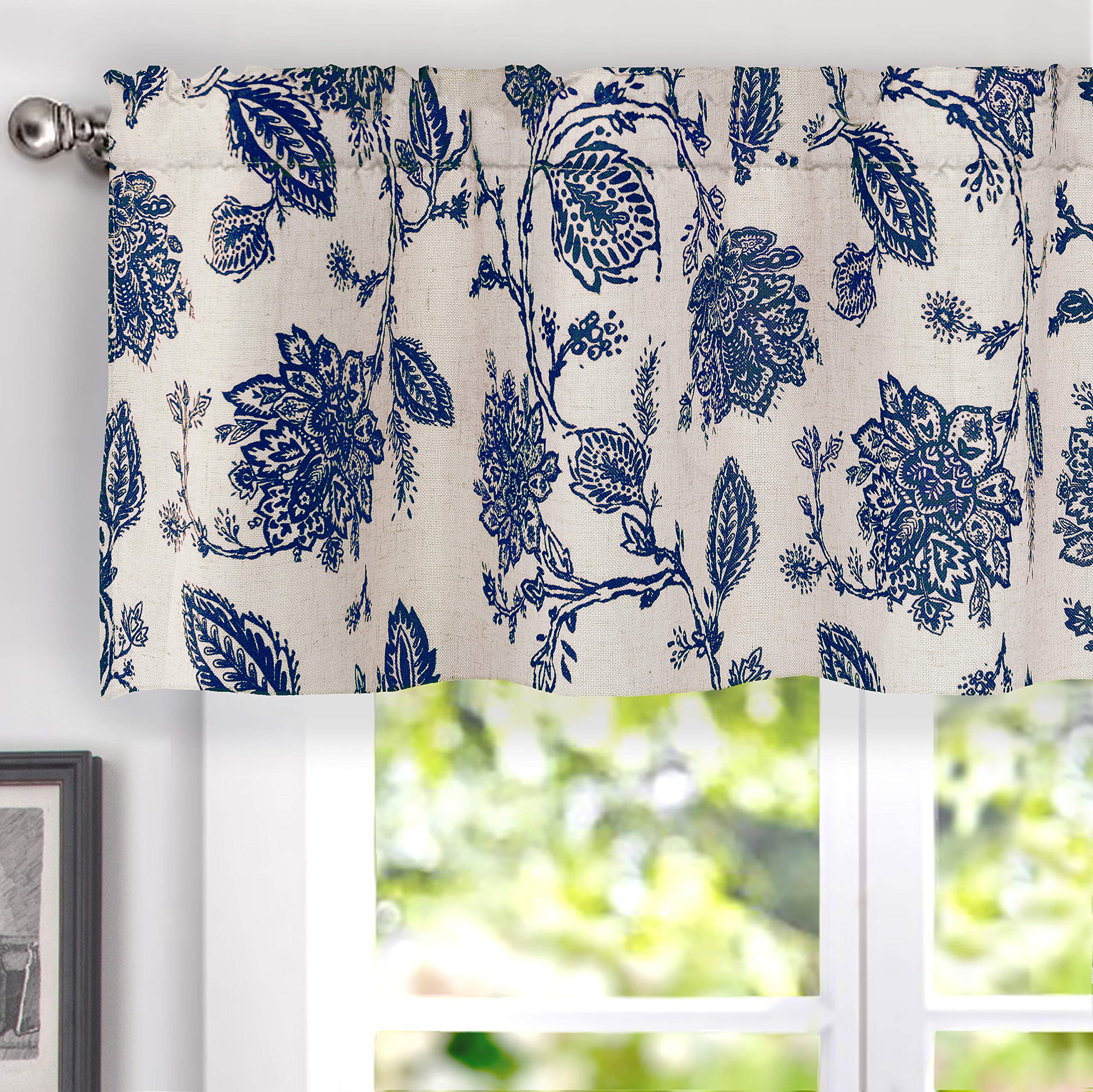 DriftAway Freda Jacobean Floral Linen Blend Blackout Thermal Insulated Energy Saving Privacy Window Linen Curtain Valance Rod Pocket 2 Layers Single 52 Inch by 18 Inch Plus 2 Inch Header Navy Beige